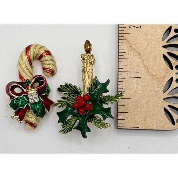 Two Vintage Rhinestone Enamel Christmas Pins Candy Cane Candle ROMA - Picture 6 of 7